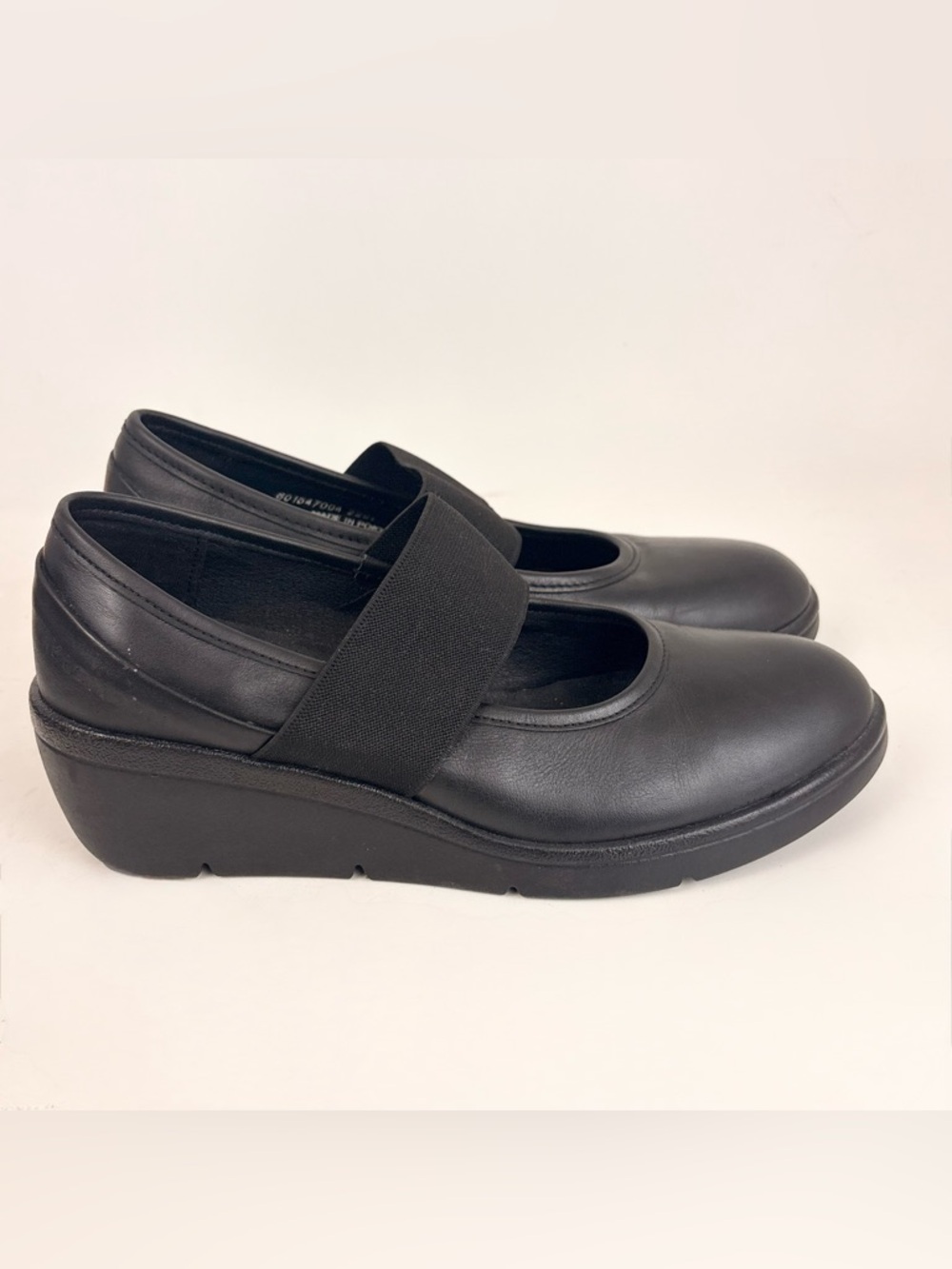 FLY London Nara Black Leather Slip-On Mary Janes Low Wedge Women’s Size 36